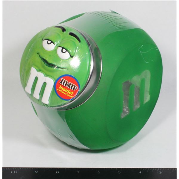M&M CANDY CANISTER FEATURING GREEN STILL SEALED WI
