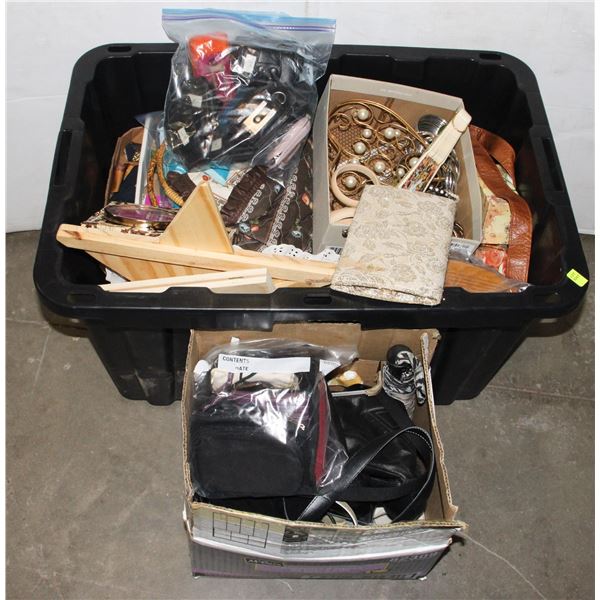 LARGE TOTE OF MISC ITEMS INCLUDING MENS TIES,
