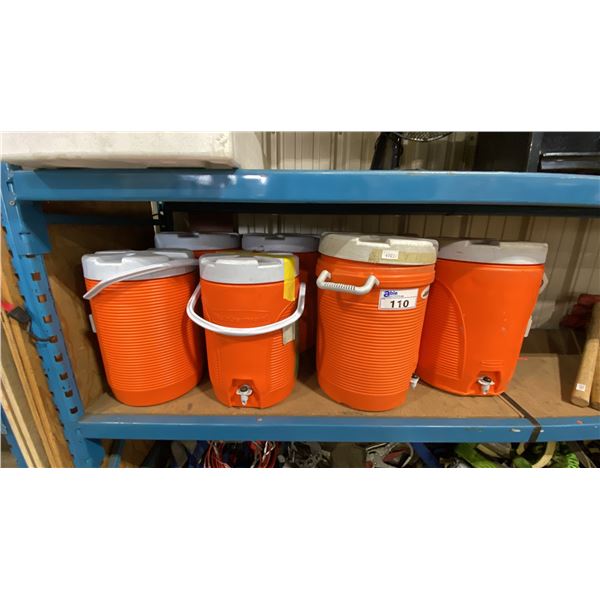 7 ORANGE RUBBERMAID COLD BEVERAGE DISPENSERS