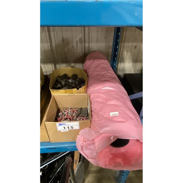 LARGE ROLL OF PINK ANTI-STATIC POLY TUBING, BOX OF WIRE BRUSH DRILL ATTACHMENTS & BOX OF DRILLED