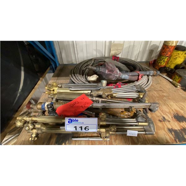 GROUP OF ASSORTED WELDING TORCHES, BRAIDED STEEL HOSE, GAUGE, ELECTRICAL OUTLET & HEAVY DUTY