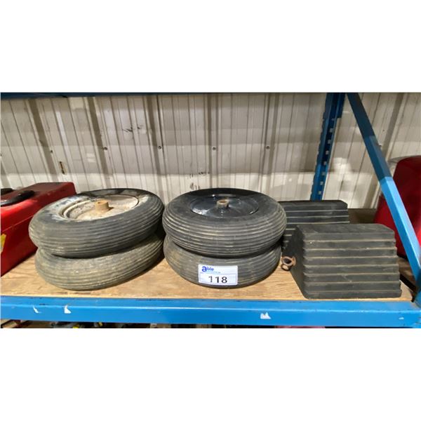 2 RUBBER WHEEL CHOCKS & SET OF 4, 4.80/4.00-8 EQUIPMENT TIRES