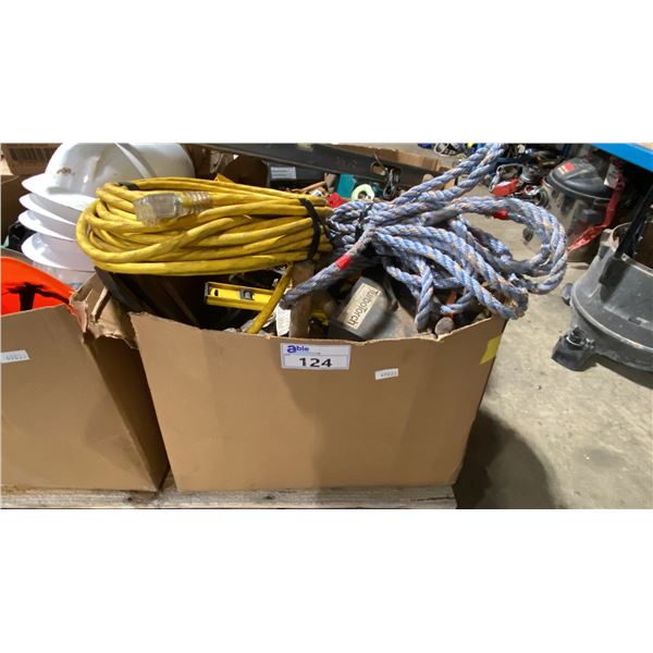 BOX OF ASSORTED HAND TOOLS, CLAMPS, EXTENSION CORDS, LEVELS & MORE