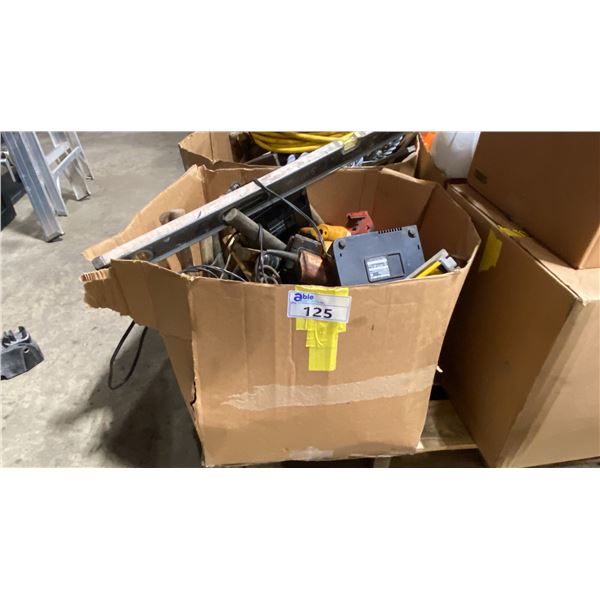 BOX OF ASSORTED POWER TOOLS, CHARGERS, LEVELS, HAND TOOLS & MORE
