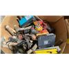 Image 2 : BOX OF ASSORTED POWER TOOLS, CHARGERS, LEVELS, HAND TOOLS & MORE