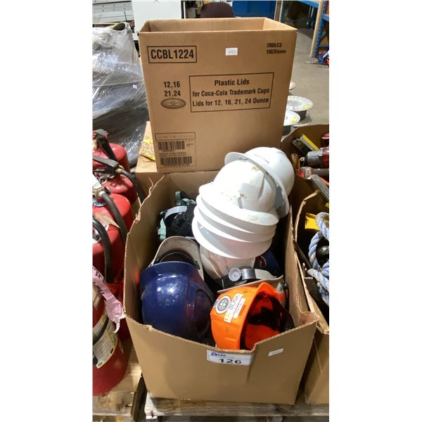 3 BOXES OF HARDHATS, LEATHER WORK GLOVES, SAFETY GLASSES & LIGHTBULBS