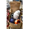 Image 1 : 3 BOXES OF HARDHATS, LEATHER WORK GLOVES, SAFETY GLASSES & LIGHTBULBS
