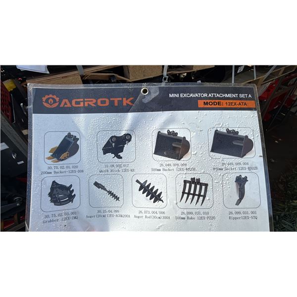 AGT 12EX-ATA MINI EXCAVATOR ATTACHMENT SET- 3 BUCKETS, QUICK COUPLER, GRABBER, RIPPER, RAKE, AUGER