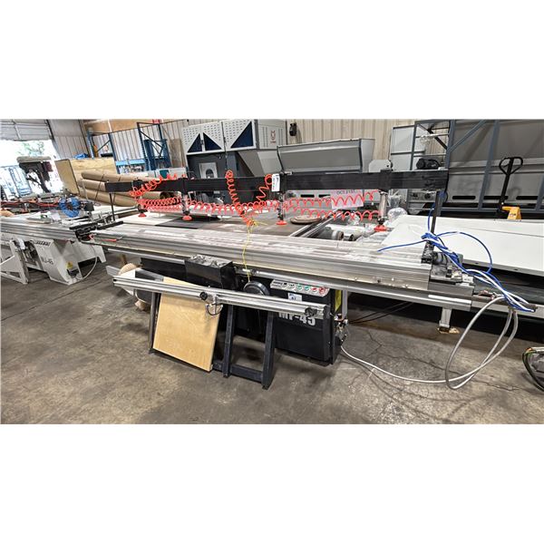 MF-45 INDUSTRIAL GRADE SLIDING TABLE PANEL SAW WITH CUSTOM BUILT WOOD TABLE EXTENSION MACHINE