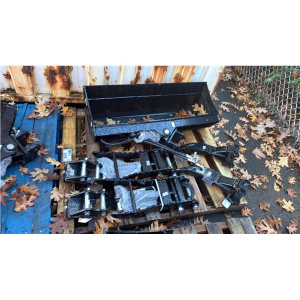 PALLET OF MINI EXCAVATOR ATTACHMENTS INCLUDING BUCKET, QUICK ATTACH ASSEMBLIES & RIPPER TINES