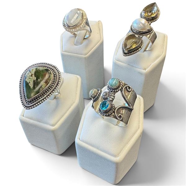 Four.925 Silver Gemstone Rings, Fire Opal, Chalcedony, Citrine & Peridot (47 mm)