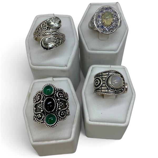 4 New Rings * all stamped .925 * (Green Onyx, Opal, Moonstone & Peridot Crystal) Longest ring  is 28
