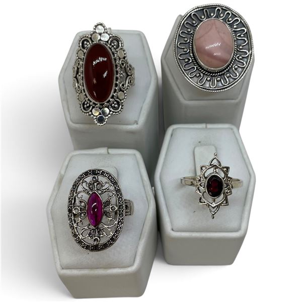 4 New Rings * all stamped .925 * (Garnet, Pink Andean Opal & Carnelian) Longest ring  is 35 mm * Tot