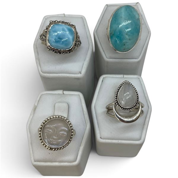 4 New Rings * all stamped .925 * (Larimar, Carved Moonstone & Teardrop Moonstone) Longest ring  is 2