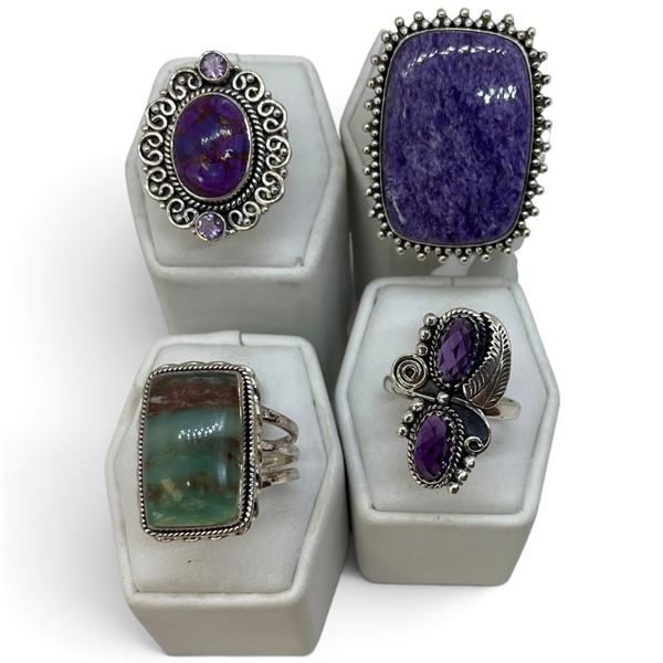 4 New Rings * all stamped .925 * (Amazonite, Amethyst, Purple Charoite & Purple Copper Turquoise) Lo