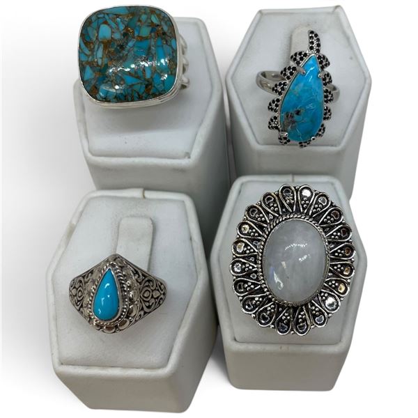 4 New Rings * all stamped .925 * (Copper Turquoise, Turquoise & Moonstone) Longest ring  is 35 mm * 