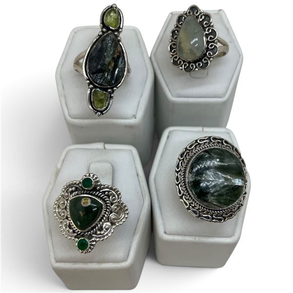 4 New Rings * all stamped .925 * (Green Tourmaline, Prehnite, Seraphinte & Peridot Longest ring  is 