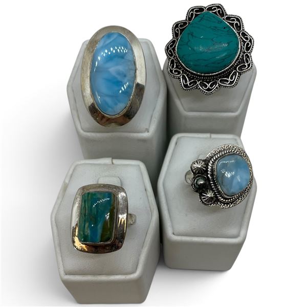 4 New Rings * all stamped .925 * (Amazonite, Larimar, & Green Turquoise) Longest ring  is 35 mm * To