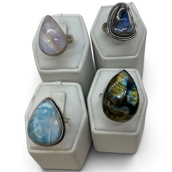 4 New Rings * all stamped .925 * (Labradorite, Boulder Opal, Rose Quartz, & Larimar) Longest ring  i