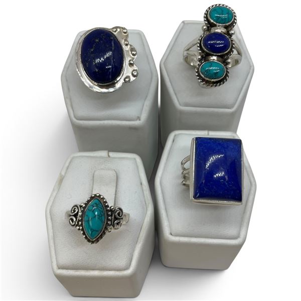 4 New Rings * all stamped .925 * (Lapis, Turquoise, & Sodalite) Longest ring  is 30 mm * Total weigh
