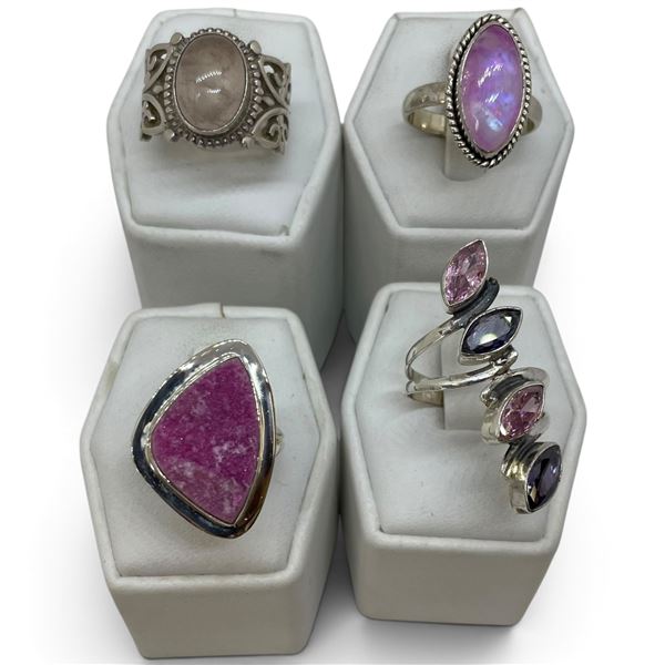 4 New Rings * all stamped .925 * (Pink Cobalto Calcite, Rose Quartz, Pink Moonstone & Amethyst Cryst