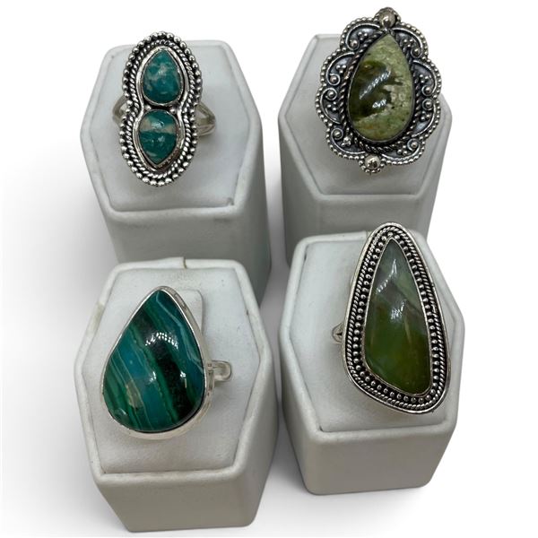 4 New Rings * all stamped .925 * (Malachite, Serpentine, & Green Turquoise) Longest ring  is 34 mm *