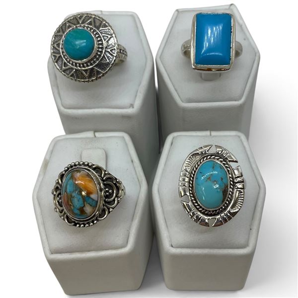 4 New Rings * all stamped .925 * (Turquoise, Spiny Oyster Turquoise, & Blue Turquoise) Longest ring 