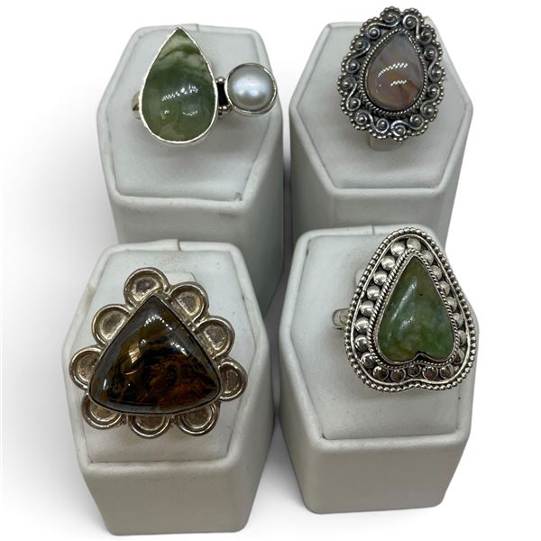 4 New Rings * all stamped .925 * (Tiger's Eye, Aventurine,  Banded Agate, & Prehnite) Longest ring  