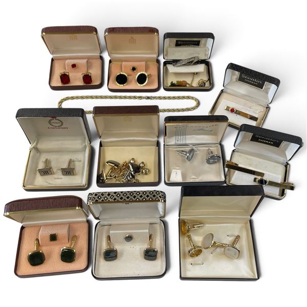 Group Lot of 18" Gold Plated Monet Rope Chain, Collection of Vintage Tie Tacks & Cuff Links