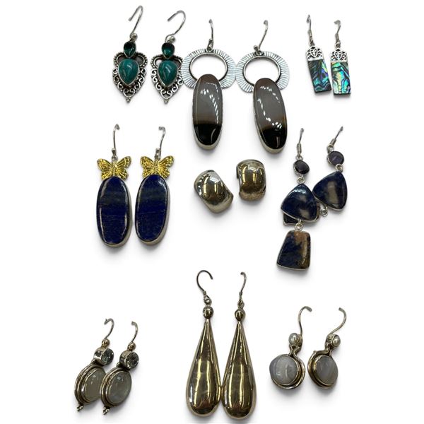 9 New Pairs of Sterling Silver Earring * All stamped .925 (Lapis, Abalone, Moonstone, Agate & more -