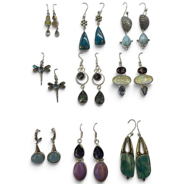 9 New Pairs of Sterling Silver Earring * All stamped .925 (Purple Botswana Agate, Turquoise, Mystic 