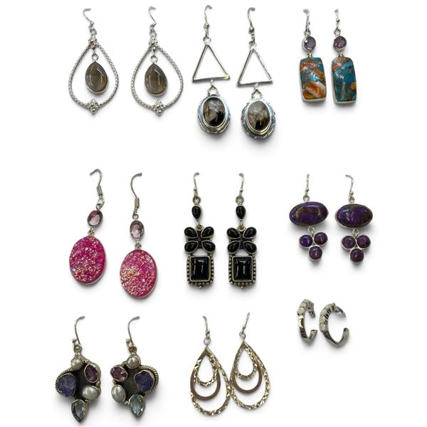 9 New Pairs of Sterling Silver Earring * All stamped .925 (Druzy, Copper Oyster Turquoise, Amethyst,