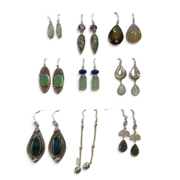 9 New Pairs of Sterling Silver Earring * All stamped .925 (Chalcedony, Opal, Moonstone, Agate & more