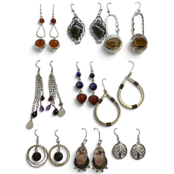 9 New Pairs of Sterling Silver Earring * All stamped .925 (Tiger's Eye, Druzy, Carnelian, Amethyst C
