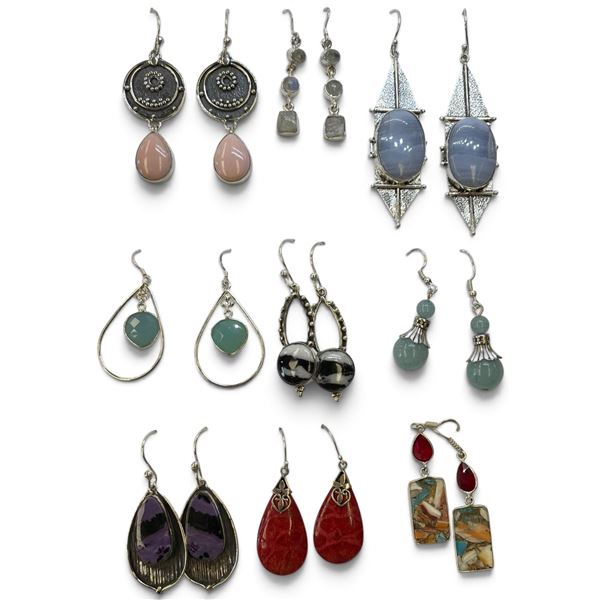 9 New Pairs of Sterling Silver Earring * All stamped .925 (Spiny Oyster Turquoise, Pink Andean Opal,