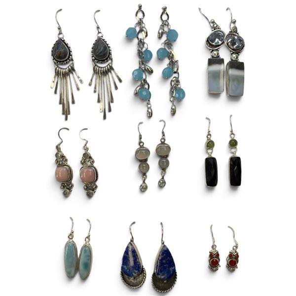 9 New Pairs of Sterling Silver Earring * All stamped .925  (Pink Andean Opal, Moonstone, Ocean Agate