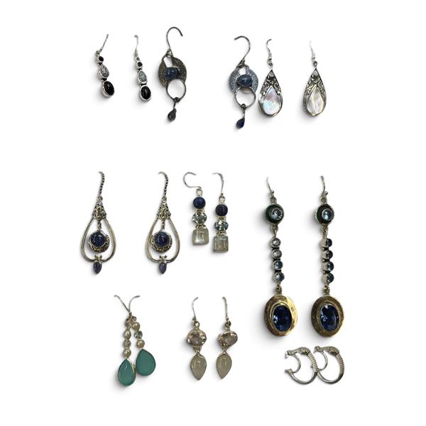9 New Pairs of Sterling Silver Earring * All stamped .925  (Mother of Pearl, Onyx, Chalcedony, Blue 