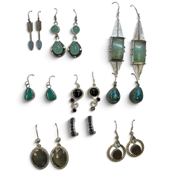 9 New Pairs of Sterling Silver Earring * All stamped .925  (Chalcedony, Blue Copper Turquoise, Chrys