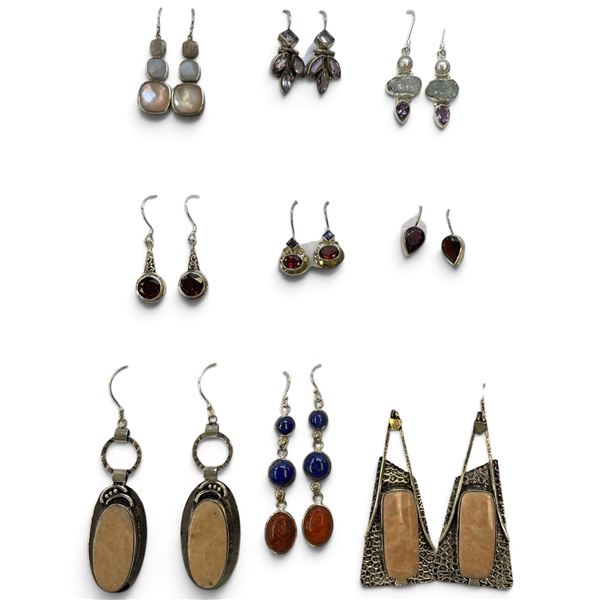 9 New Pairs of Sterling Silver Earring * All stamped .925  (Garnet Crystal, Lapis, Peach Amazonite, 