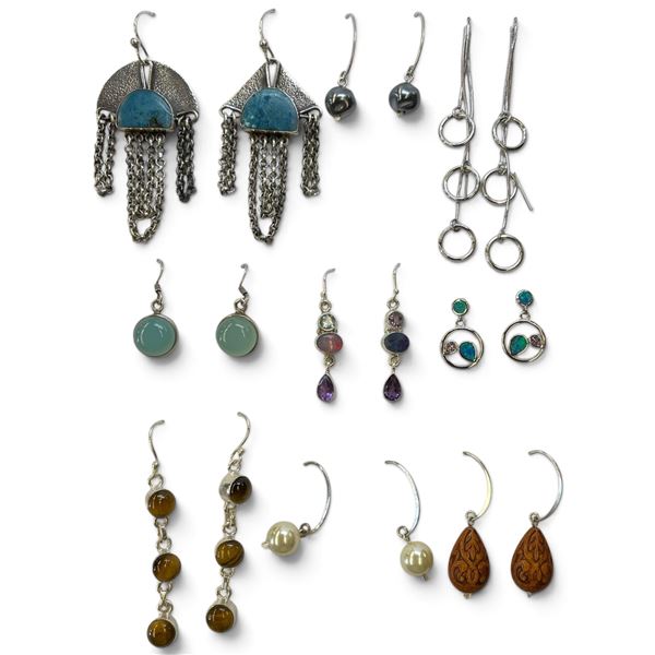 9 New Pairs of Sterling Silver Earring * All stamped .925  (Tiger's Eye, Opal Triplet, Pearl,  Chalc