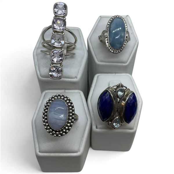 4 New Rings * all stamped .925 * (Banded Agate, Lapis, Quartz Crystal, & Ocean Agate) Longest ring  