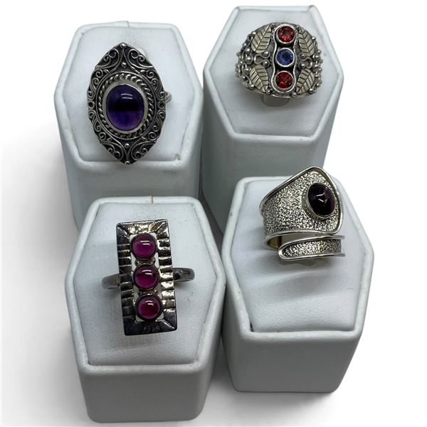 4 New Rings * all stamped .925 * (Faceted & Cabochon Amethysts and Garnets) Longest ring  is 29 mm *