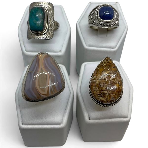 4 New Rings * all stamped .925 * (Blue Chalcedony, Botswana Agate, Mookaite Jasper, & Turquoise) Lon