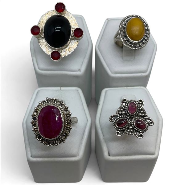 4 New Rings * all stamped .925 * (Garnets, Ruby, & Butterscotch Amber) Longest ring  is 31 mm * Tota