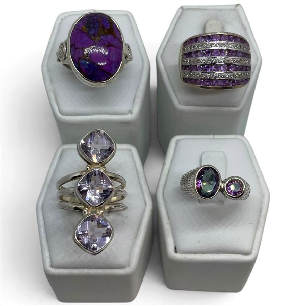 4 New Rings * all stamped .925 * (Mystic Topaz, Amethyst Crystals, & Purple Copper Turquoise) Longes