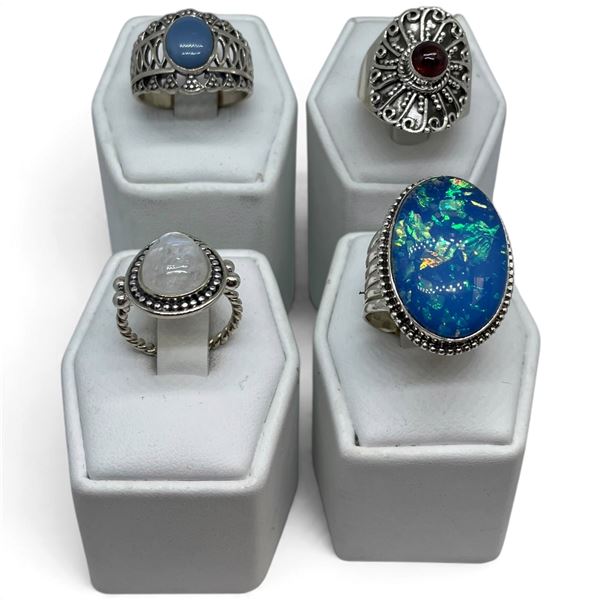 4 New Rings * all stamped .925 * (Opal Triplet, Garnet, & Moonstone & Blue Chalcedony Turquoise) Lon
