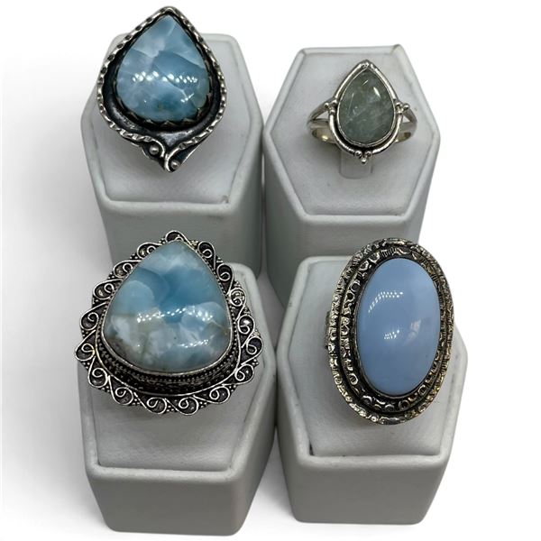 4 New Rings * all stamped .925 * (Prehnite, Larimar Stone & Ocean Agate) Longest ring  is 36 mm * To