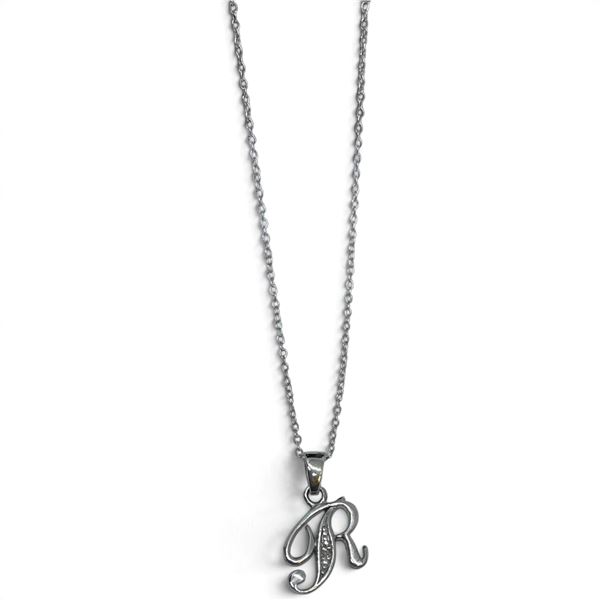 Vintage Sterling Silver Avon "R" Initial Pendant with small diamond accent on a 19" Sterling Chain -