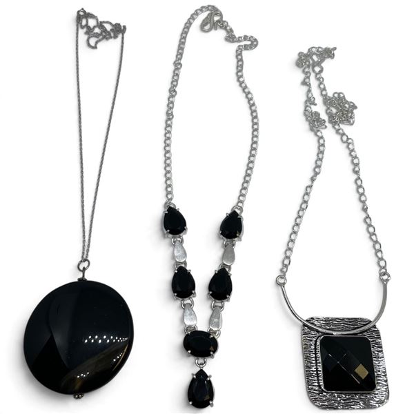 3 New Necklaces with Black Crystal or Agates - Large Agate Pendant is 42mm  (Total weight without la