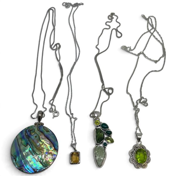 4 New Gemstone  Necklaces * All Stamped .925 (Topaz crystal, Peridot, and more - Abalone pendant is 